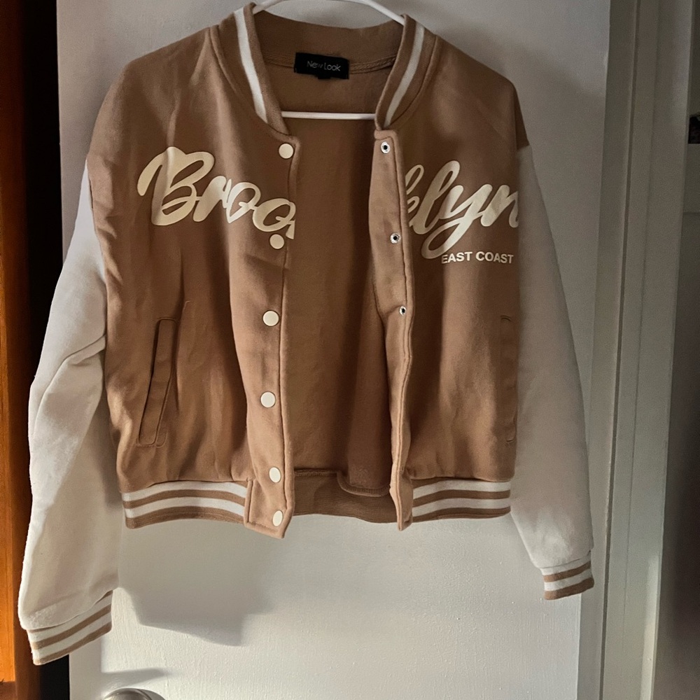 New Look Women's Varsity Jacket in Tan and White